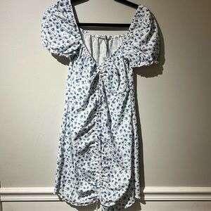Stradivarius Shirred Mini Blue Floral Dress